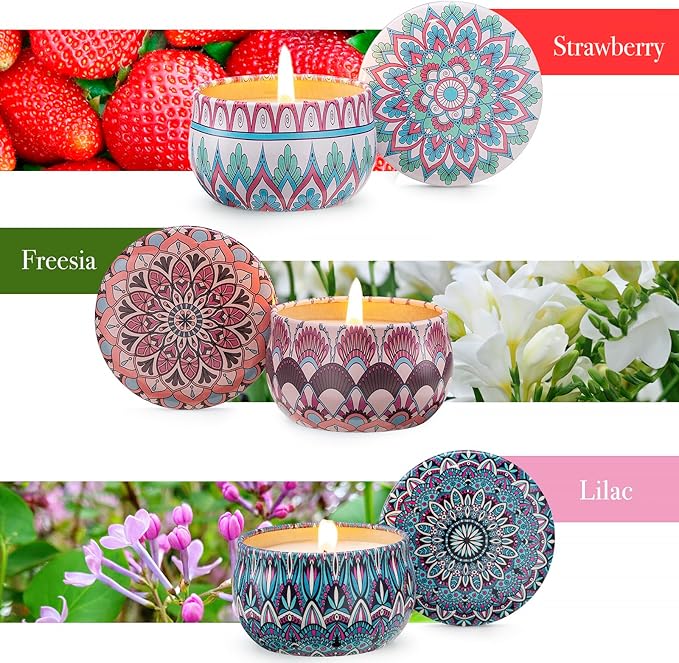 Hausware 3 Pack Scented Candles, 2.5 oz Aromatherapy Candles with Floral Scents,Soy Candles Set with 72H Burning Time,Ideal Gift for Women (Strawberry+Lilac+Freesia) - Bloomnest