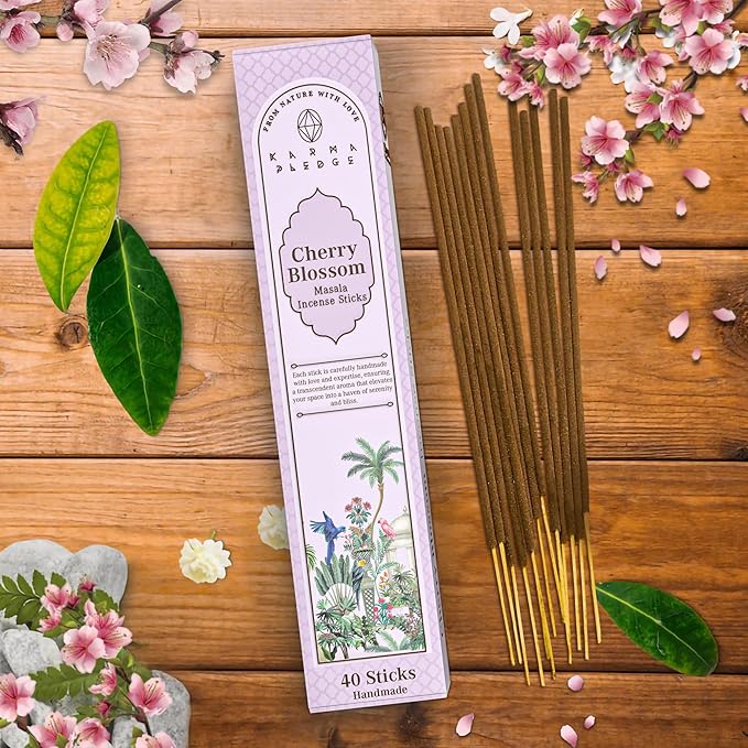 Incense Sticks, Cherry Blossom Incense, Made with Natural Ingredients, Hand Rolled Aromatic Masala, 40 Stick Pack, 45-60 Minute Burn Time, Best for Home Fragrance, Meditation, Yoga, Spiritual Healing KARMAPLEDGE