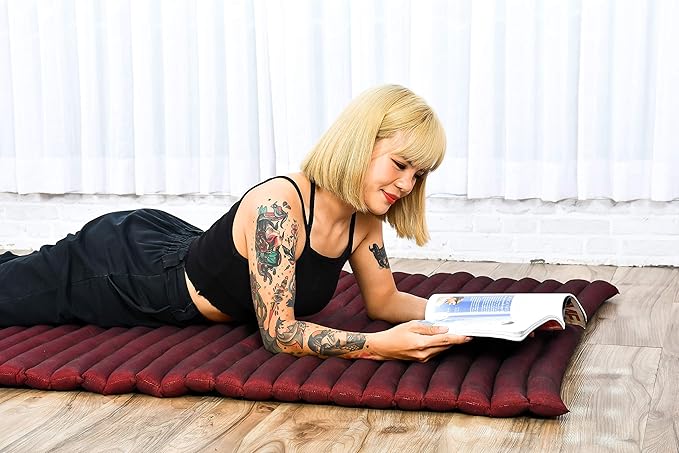 Leewadee - Kapok Roll Mat – Handcrafted Folding Sleep & Relaxation Mattress from Thailand, Ideal as Guest Bed, Camping Mat, Yoga Mat or Traditional Futon, 75 x 39 inches, Red - Bloomnest