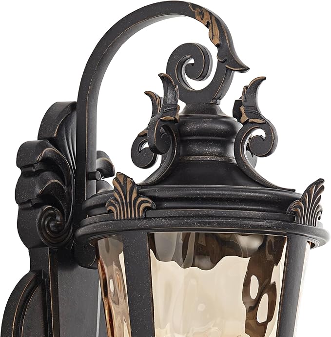 John Timberland Casa Marseille Vintage Outdoor Wall Light Fixture Veranda Bronze Scroll Frame 31" Champagne Hammered Glass for Exterior House Porch Patio Outside Deck Garage Yard Front Door - Bloomnest