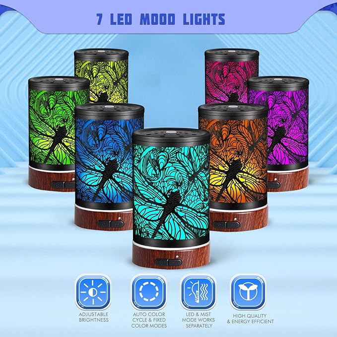 Essential Oils Diffuser,Aromatherapy Diffuser,Birthday for Women Mom Grandma,Metal Cool Mist Humidifier with 7 Colors Lights Waterless Auto Off Air Diffusers (Dragonfly) - Bloomnest