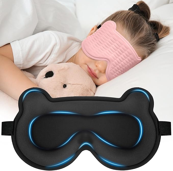 Kids Sleep Mask, 3D Sleeping Eye Mask for Kids with Adjustable Elastic Strap, Bear Shape Eye Cover with Memory Foam, Soft & Light-Blocking, Gift for Boys Girls Teens Age 5–15 (Pink) - Bloomnest
