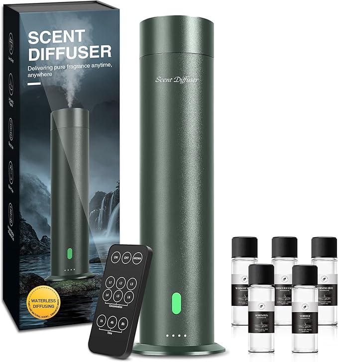 Waterless Scent Diffuser Starter Kit - 1000 Sq Ft Coverage, Hotel Scent Diffuser, Essential Oil Diffuser Large Room, Included 5 Scent Oils, Remote Control, SandGreen - Bloomnest
