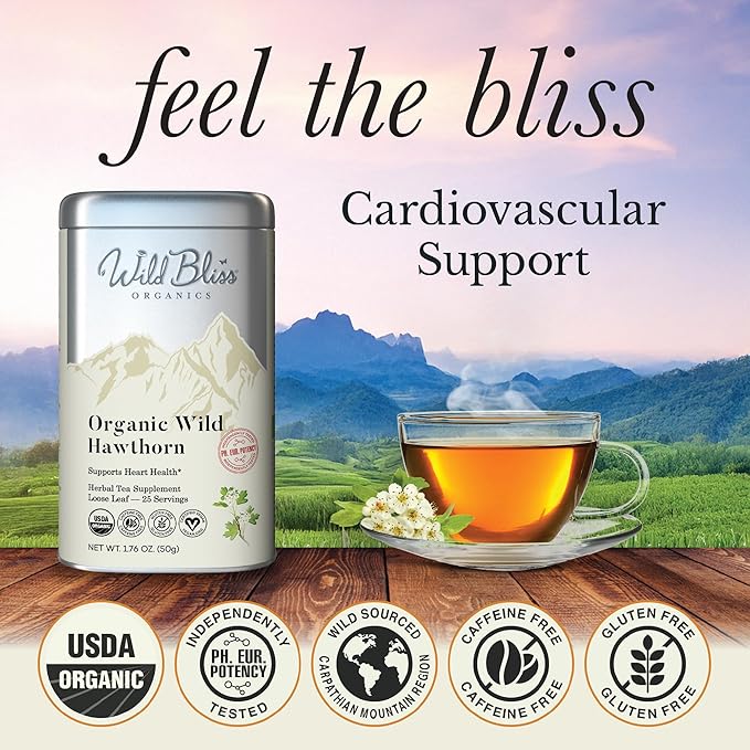 Wild Bliss Organic Hawthorn Loose Leaf and Flower Tea - Caffeine Free Heart Health Herbal Support - 1.76 Oz - 25 Servings - Bloomnest