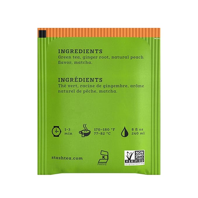 Stash Tea Ginger Peach Green Tea - Caffeinated, Non-GMO Project Verified Premium Tea with No Artificial Ingredients, 18 Count (Pack of 6) - 108 Bags Total - Bloomnest