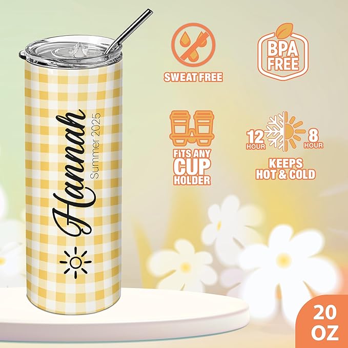 Personalized 20 Oz Skinny Tumbler - Customizable with Name & Icon, BPA-Free Stainless Steel, 6 Color Styles, Includes Straw - Custom Gifts for Summer - Bloomnest