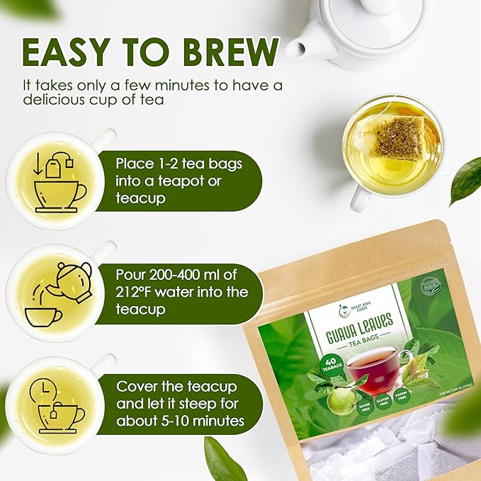 NHAT ANH FARM - Premium Guava Tea Bags - Dried Guava Leaves 40 Tea Bags, 2.5g/bag) - 100% Natural And Pure, Sugar/Caffeine/Gluten Free. Good For Your Health - Bloomnest