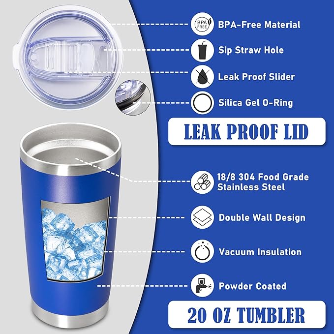 20 oz Tumbler Coffee Travel Tumblers Bulk with Lid Stainless Steel Double Wall Vacuum Insulated Mug Powder Coated Cups fit Car Cupholder for Hot and Cold - Dark Blue, 1Pack - Bloomnest