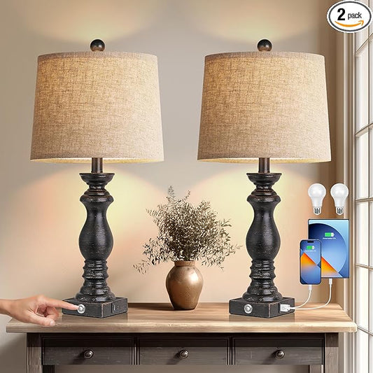 24.5" Table Lamp Set of 2, Rustic Farmhouse Bedside Lamps with USB A+C Charging Ports, 3-Way Dimmable Touch Control Nightstand Lamps for Living Room Bedroom, Antique Black, LED Bulbs Included - Bloomnest