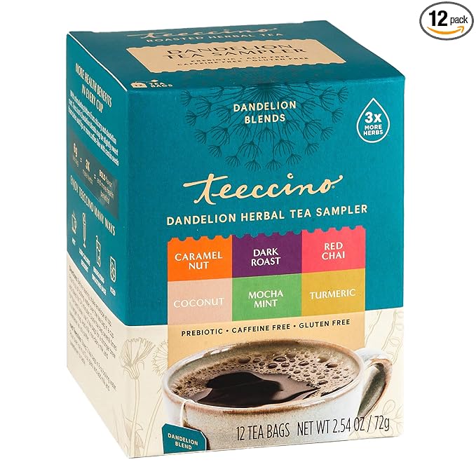 Teeccino Dandelion Tea Sampler - Caramel Nut, Coconut, Dark Roast, Mocha Mint, Red Chai, Turmeric - Roasted Herbal Tea, Caffeine Free & Prebiotic with Detoxifying Dandelion - 12 Tea Bags - Bloomnest