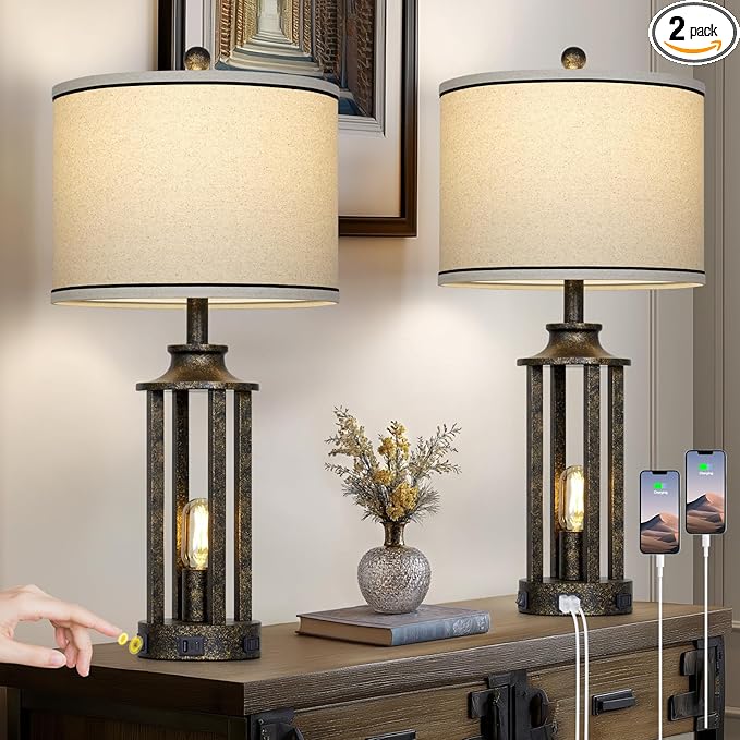 27.5" Bronze Farmhouse Table Lamps for Living Room, Tall Vintage Lamps Set of 2 with USB A+C Charging Port & AC Outlet, Rustic Bedside Lamp with Night Light, Bedroom Lamp for Nightstand Side End Table - Bloomnest