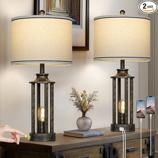 27.5" Bronze Farmhouse Table Lamps for Living Room, Tall Vintage Lamps Set of 2 with USB A+C Charging Port & AC Outlet, Rustic Bedside Lamp with Night Light, Bedroom Lamp for Nightstand Side End Table - Bloomnest
