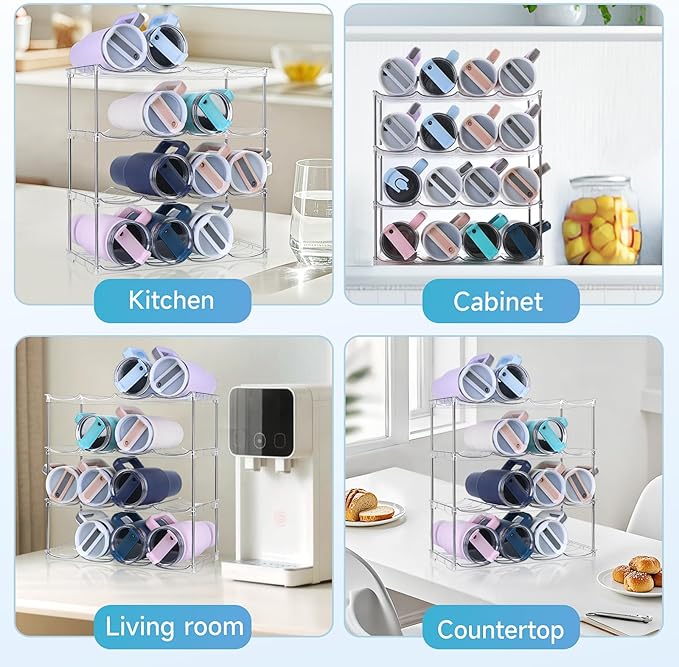 Larger Water Bottle Organizer for Stanley 40 oz Tumbler, Stackable Water Bottle Holder Rack for Cabinet, Kitchen Storage Organizer for for Stanley Cup Accessories, Tumbler Storage Holder，4 Pack Amoot