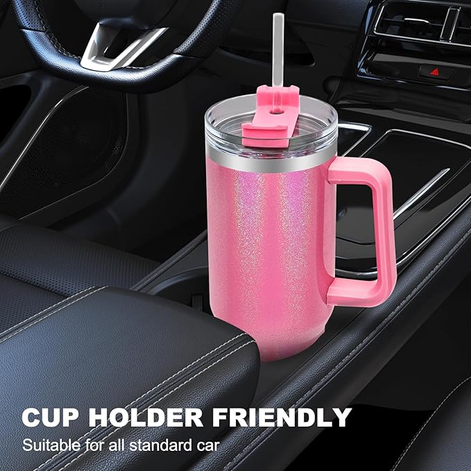 40 oz Tumbler with Handle and Flip Straw Lid, Vacuum Insulated Leak Proof Double Walled Stainless Steel Glitter Travel Mug Tumblers, Maintains Cold Ice and Heat for Hours(Pink) - Bloomnest