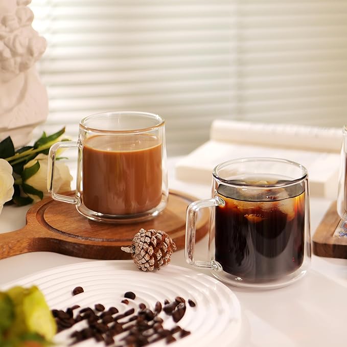 CNGLASS 15oz Double Walled Glass Coffee Mugs,Large Insulated Glass Mugs with Handle,Clear Coffee Cups for Espresso,Latte,Cappuccino,Tea,Set of 2 - Bloomnest
