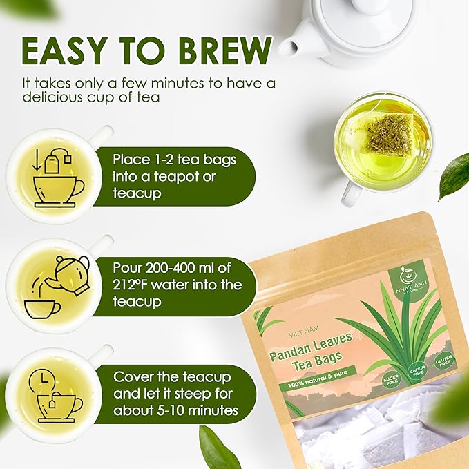 NHAT ANH FARM - Premium Pandan Leaves Tea Bags, 40 Pandan Leaves Tea Bags, 100% Natural Dried Pandan Leaves, Naturally Sweet Herbal Tea, Sugar-Free, Caffeine-Free, No Additives - Bloomnest