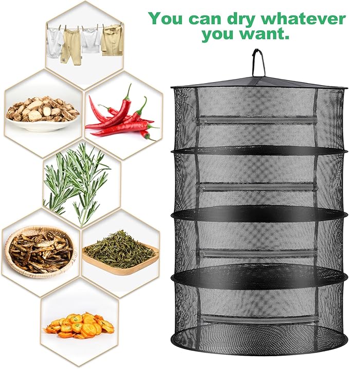 Herb Drying Rack Net Mesh with Black Zippers Hydroponics, Bonus Hook Scissor Drying Rack 2ft for Plant Bud Seed, Mesh Hanging Plant Dry, Herb Dry Net for Garden (4 L, Black Zipper) - Bloomnest