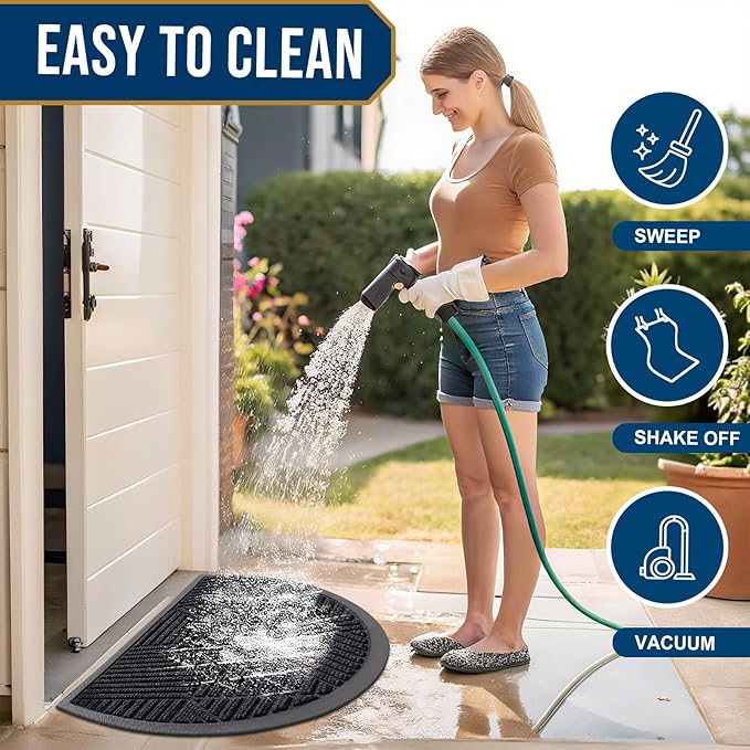 Smiry Half Circle Front Door Mat Outside Entrance, Heavy Duty Sturdy Natural Rubber Doormat, Trap Dirt and Moisture, Low Profile Mats for Indoor Outdoor Entry, Irregular Triangle (29.5x17, Black) - Bloomnest