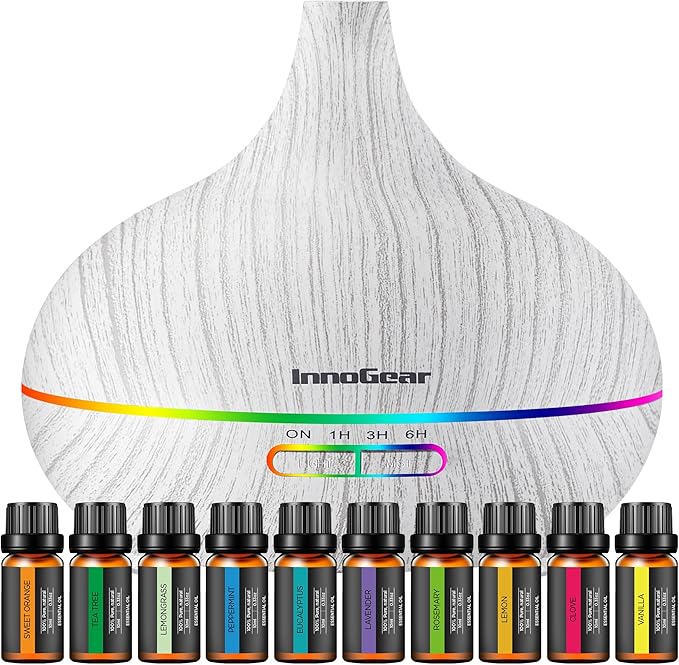 InnoGear Aromatherapy Diffuser & 10 Essential Oils Set, 400ml Diffuser Ultrasonic Diffuser Cool Mist Humidifier with 4 Timers 7 Colors Light Waterless Auto Off for Large Room Office, White Grey - Bloomnest