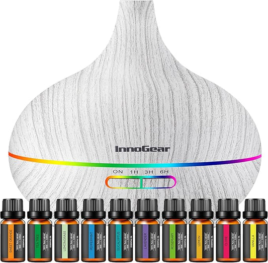 InnoGear Aromatherapy Diffuser & 10 Essential Oils Set, 400ml Diffuser Ultrasonic Diffuser Cool Mist Humidifier with 4 Timers 7 Colors Light Waterless Auto Off for Large Room Office, White Grey - Bloomnest