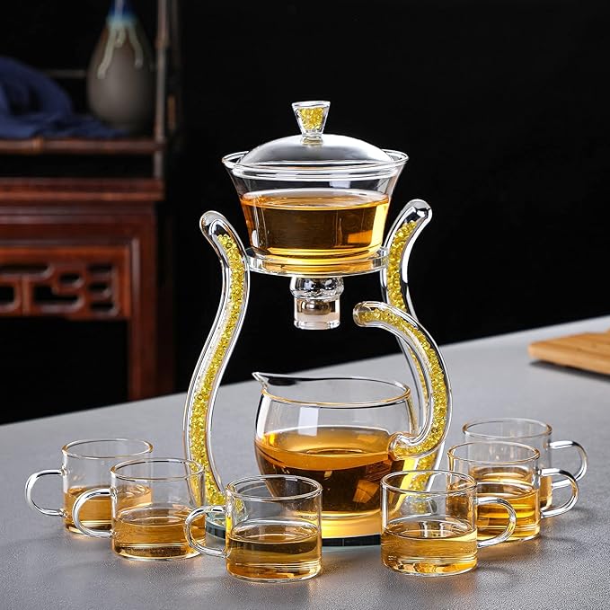 RORA Lazy Kungfu Glass Tea Set Semi Automatic Drip Rotating with Infuser Glass Teapot Set (6 cups) - Bloomnest