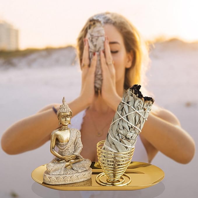 ZenBless 6 in 1 Incense Holder - Palo Santo, Buddha Statue, Sage & Incense Burner Holder for Sticks/Coil/Cones, Gold Oval Ash Catcher - Bloomnest