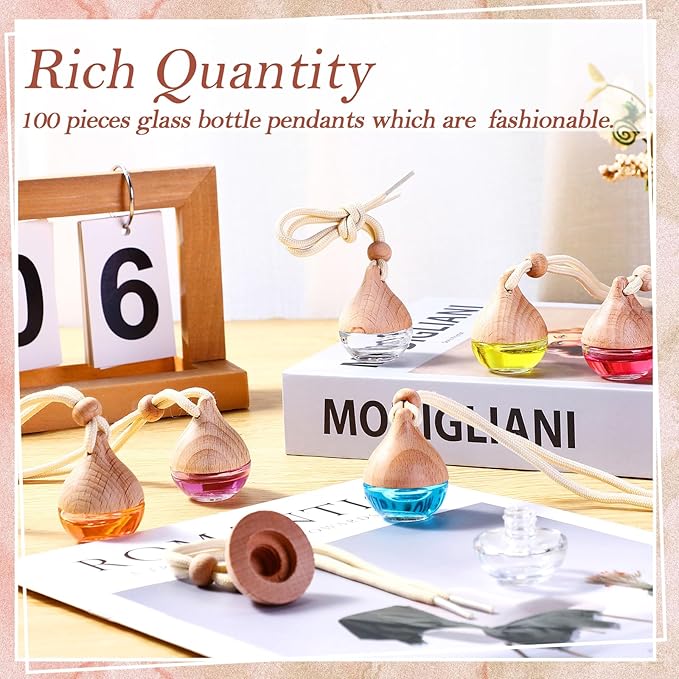 Rtteri 100 Pcs Hanging Car Air Freshener Diffuser Bottles Empty Glass Perfume Diffuser Vials Refillable Oil Aromatherapy Pendant with Wooden Caps and Hanging String for Car Home Office Decor(Drop) - Bloomnest