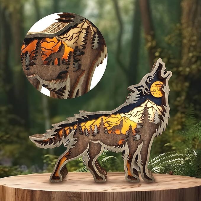 3D Wood Carving Animals Lamp Home Decorative, Cute Bear Family Elephant Presents Ideas Christmas Living Room Office Decor Warm LED Night Lights Gift for Friend Daughter Son Mom Dad (Wolf) - Bloomnest