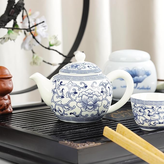 fanquare Kung Fu Tea Sets, Peony Pattern Blue and White Porcelain Teapot with Cups, Tea Tray, Chinese Tea Ceremony Set with Fair Cup, Tea Canister for Home Office and Gifts