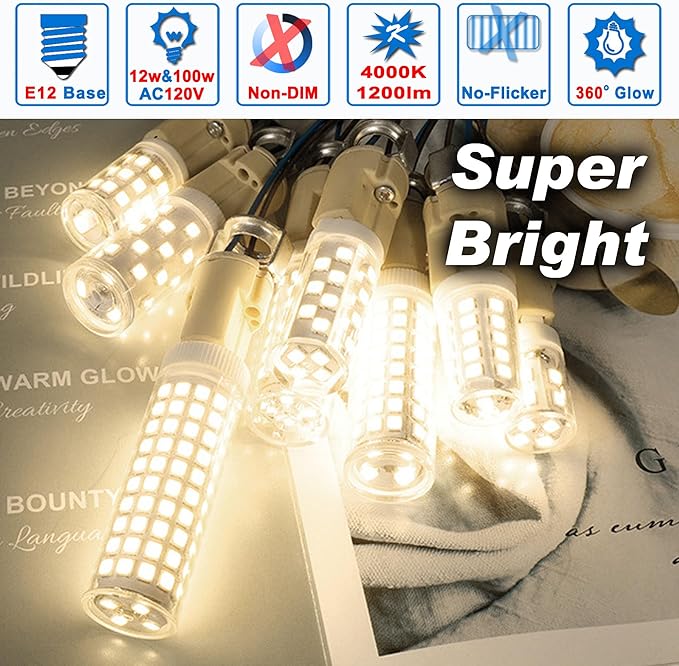 E12 100w LED Bulbs Equivalent C7,4000K Natural White,1200 lm T6 E12 12W LED Candle Bulbs for Candelabra Ceiling Fan Chandelier Pendant Lighting Salt Lamp,Non-dimmable,2 Pack - Bloomnest