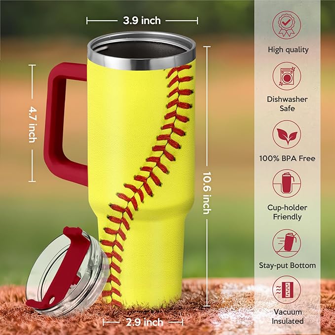 SANDJEST Softball Tumbler with Handle 40oz, Insulated Stainless Steel Cup with Lid & Straw, Sports Lover Gift for Men, Coach, Player, Christmas, Birthday - Bloomnest