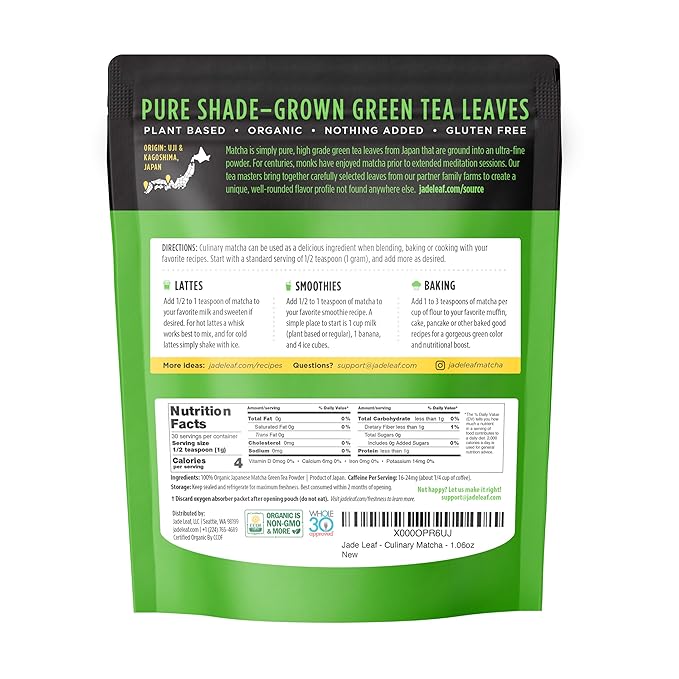 Jade Leaf Matcha Organic Premium Ceremonial Grade Matcha Green Tea Powder - Japanese - Culinary, Ingredient, Ceremonial Barista Teahouse, Latte, Collagen, 1.06 Ounce (Pack of 1), Culinary - Bloomnest