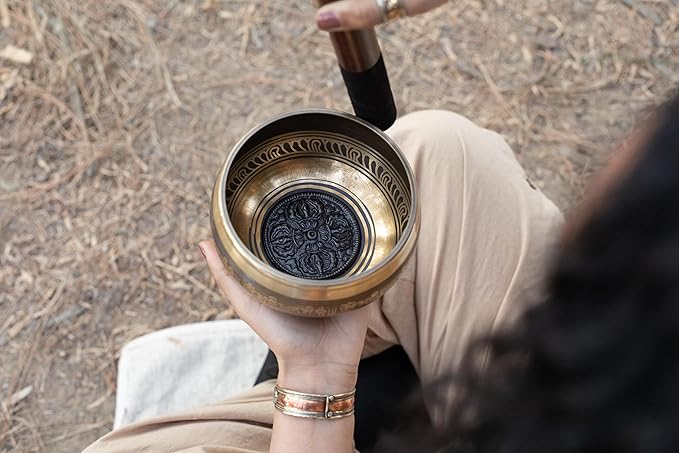 Large Tibetan Singing bowl Set - Bronze Style - Easy To Play - 5" Sound Yoga Bowl Mantra Design Mindfulness Meditation Healing Sound Gift By Himalayan Bazaar - Bloomnest