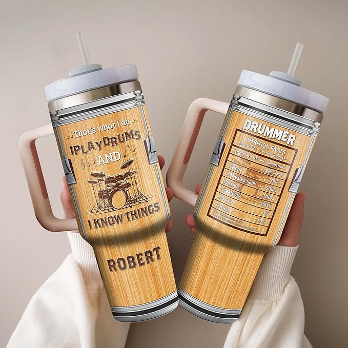WAZONE Personalized Drummer Nutrition Facts Tumbler 40oz with Handle and Straw Custom Name I Play Drums And I Know Things Funny Saying Music Travel Mug Cool Gifts For Drummers Enthusiast Men - Bloomnest