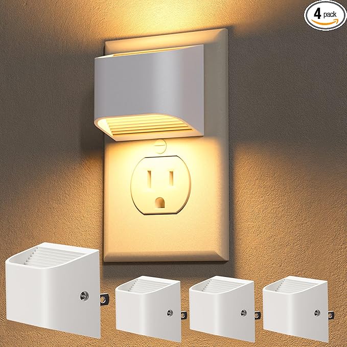 NIORSUN Plug in Night Light, Auto Brightness Sensor Night Light, 3000K Warm White, Ultra-Slim Wall Light for Hallway Bathroom Bedroom Stairs, White, 4 Pack - Bloomnest