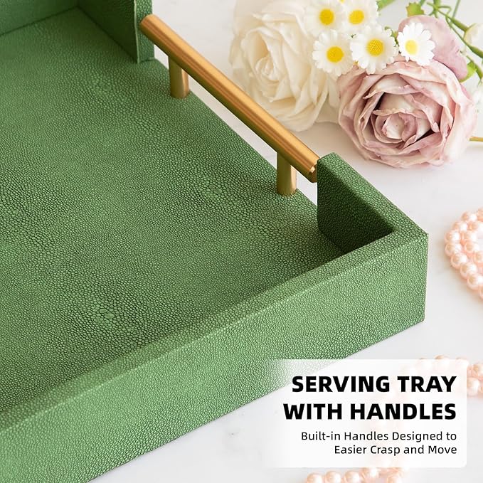 Decorative Tray Set of 2, Green Shagreen Leather Tray, Modern Elegant Rectangle Serving Trays with Gold Polished Metal Handles, Ottoman Trays Coffee Table Perfume Kitchen Home Decor - Bloomnest