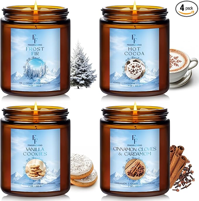 Winter Candles, Scented Candles for Home, 4 Pack Holiday Natural Soy Candles, Gifts for Women Men, Fragrance of Fir/Hot Cocoa/Vanilla Cookies/Cinnamon - Bloomnest