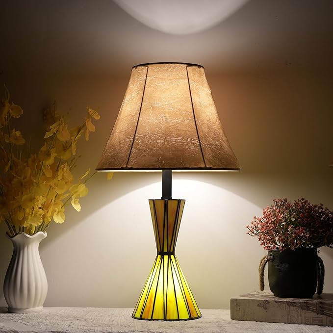 Set of 2 Glass Table Lamps with Stained Glass Night Lights 3-Way Dimmable Bedside Lamps with 12 inches Imitation Sheepskin Shade Modern Nightstand Lamps for Bedroom Living Room - LED Bulbs Included - Bloomnest