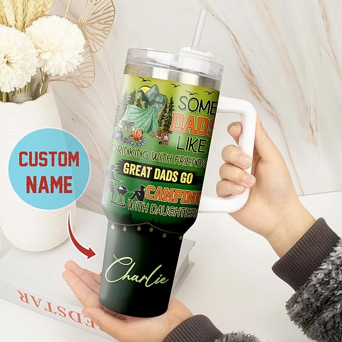 WAZONE Personalized Camping Dad Tumbler 40oz with Handle and Straw Great Dad Go Camping With Daughters Fathers Day Birthday Christmas Gifts for Fathers Grandpa from Daughter Son Kids - Bloomnest