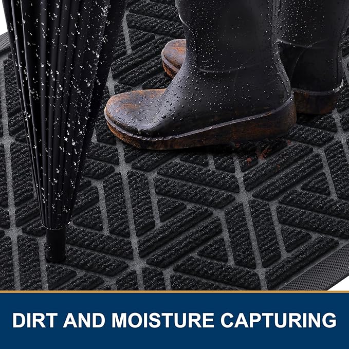 Smiry Front Door Mat Outside Entrance, Heavy Duty Sturdy Natural Rubber Doormat, Trap Dirt and Moisture, Easy Clean Low Profile Mats for Indoor Outdoor Entry, Grid Geometric (71x47, Black) - Bloomnest