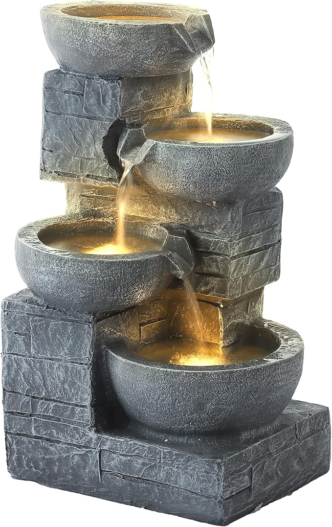 Outdoor Water Fountains with Cascading Bowls, 4-Tiers Fountains and Waterfalls w/LED Lights,Indoor Morden Floor Standing Resin Water Feature for Garden Patio Backyard Home Decor (Light Grey) - Bloomnest