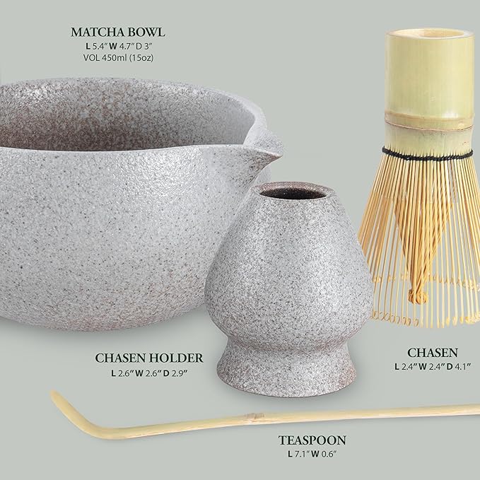 Stone-Texture Gray Matcha Whisk Set with Pouring Spout – Japanese Matcha Kit with Handcrafted Ceramic Bowl, Bamboo Whisk, Scoop, and Holder for Authentic Tea Ceremony - Bloomnest