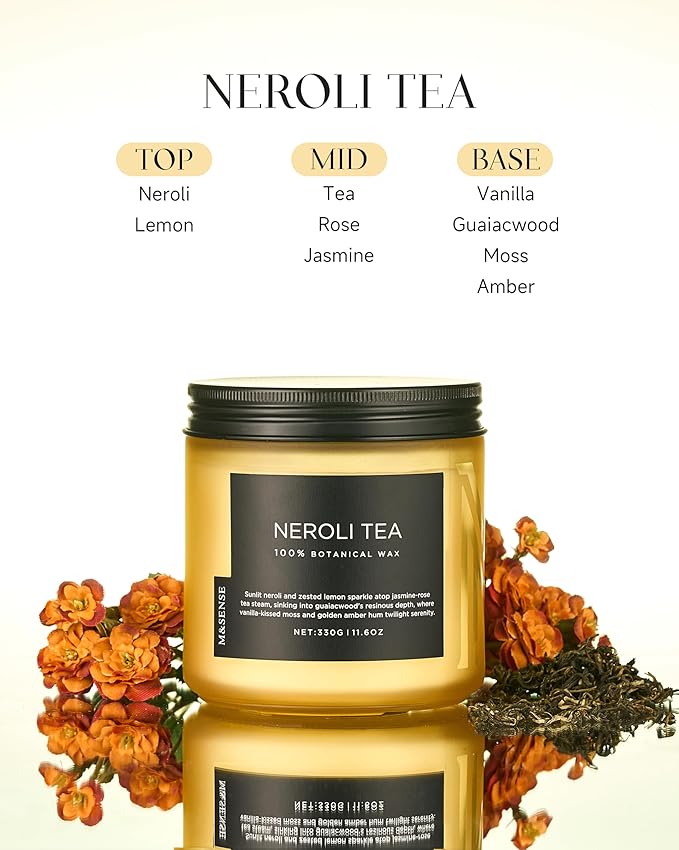 M&SENSE Neroli Tea Scented Candle - 11.6oz Natural Soy Wax Non Toxic 70-Hour Burn, 2-Wick Citrus Scent Candle for Stress Relief & Relaxation - Slow-Burning Home Fragrance Gift for Holiday - Bloomnest