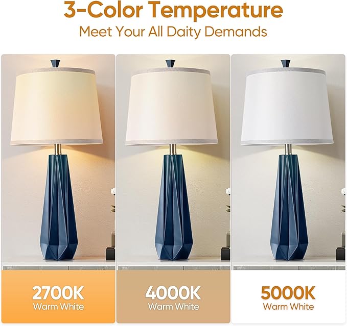 WIHTU 3 Color Temperature Table Lamps Set of 2, 27'' Navy Blue Modern Table Lamp for Living Room, Beside Lamp with Linen Shade, Resin Desk Lamp for Nightstands Bedroom Office Decor (2 Bulbs Included) - Bloomnest