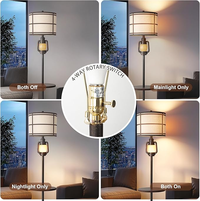 Rustic Farmhouse Metal Tray Floor Lamp For Living Room With Nightlight Vintage Tall Lamp With Linen Fabric Shade Industrial Standing Lamp For Bedroom Office Home House Study (Bulb Included) - Bloomnest