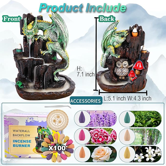 Dragon Backflow 2 Sided Mountain Waterfall Incense Burner,Fountain Smoke Incense Holder with Backflow Incense Cones, Tweezers, Mat，Resin Aromatherapy Meditationvaiuk (Green) - Bloomnest