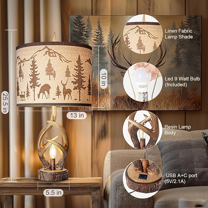 Scenekoy Antlers Style Table Lamp Set of 2 Rustic Bedside Lamp with Night Light Linen Fabric Shade Farmhouse Nightstand Lamps Decor for Living Room Bedroom House Home Office (Bulb Included) - Bloomnest