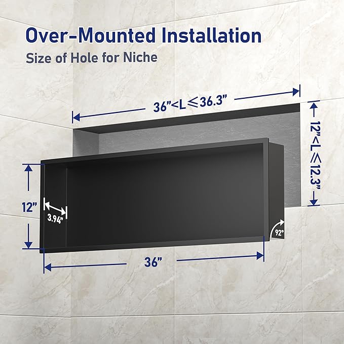 Stainless Steel Shower Niche 36" X 12" Matte Black No Tile Needed Horizontal Niche Shower Recessed Wall Niches for Bathroom Storage Over Mount Installation - Bloomnest