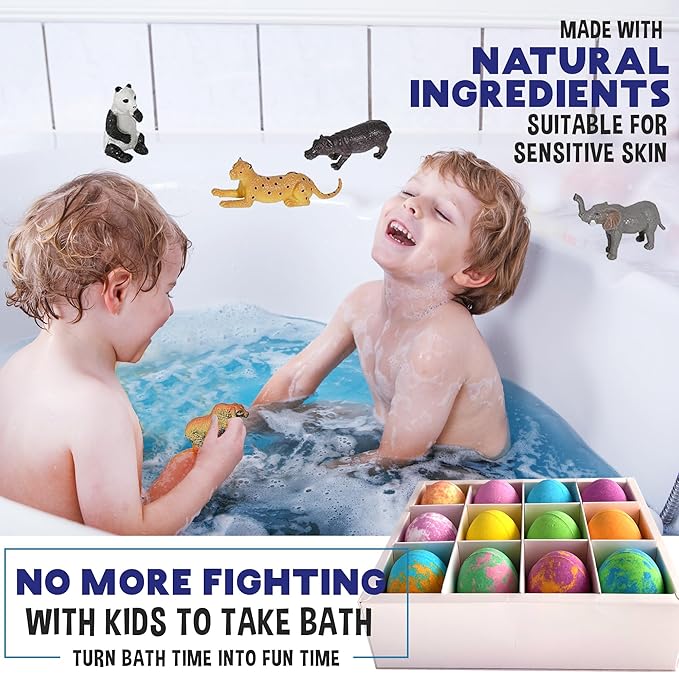Bath Bombs for Kids with Surprise Inside- 12 pk Kids Bath Bombs with Jungle Toys, Organic, Natural, Skin-Moisturizing Bubble BathBombs. Stocking Stuffers Christmas Gifts for Boys, Girls, Toddlers - Bloomnest