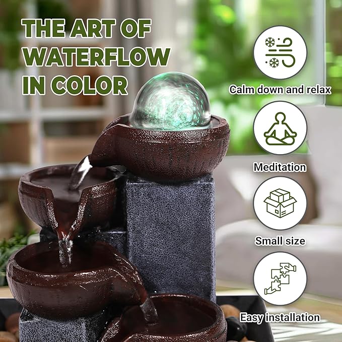 Water Fountains Indoor-Waterfall-Tabletop Fountain-Desk Fountain with Rainbow Colors LED Lighting from Spinning Crystal Ball-Relaxing Waterfall n River Rocks for Natural Feng Shui Effect - Bloomnest